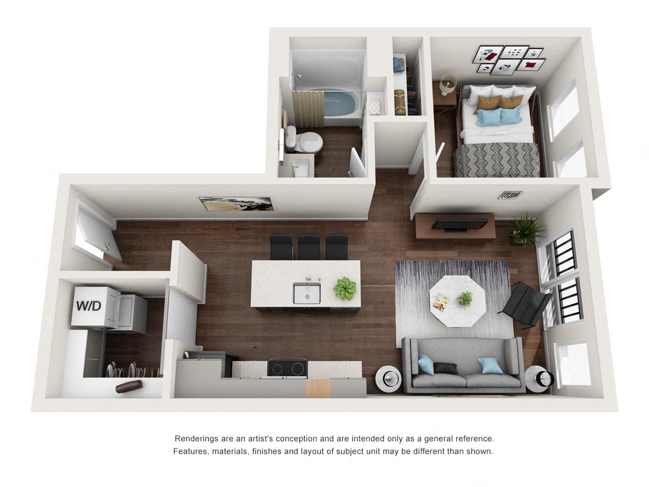Floor plan for 1 bed, 1 bath, 617 sqft